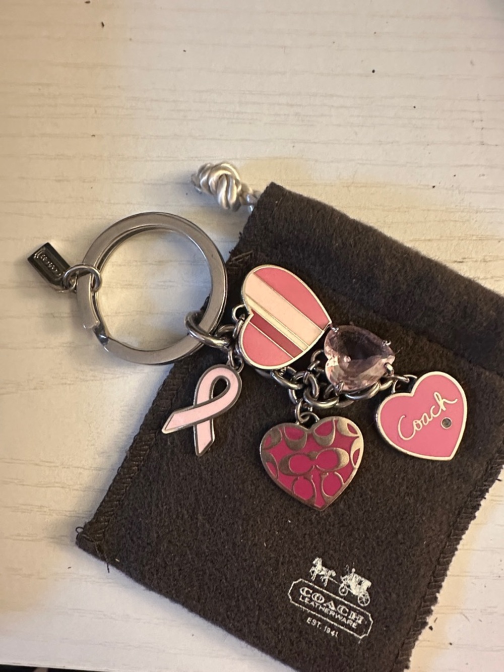 Coach Pink Heart & Ribbon Charm Keyring with Crystal Accent